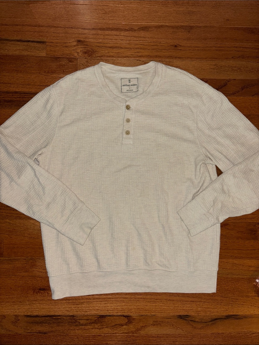 Mutual Weave Cream Quarter Button Down Waffle Long Sleeve Top Men’s Large